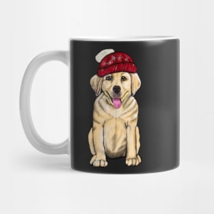 Labrador retriever- festive cute Golden Labrador retriever puppy dog in winter beanie hat Mug